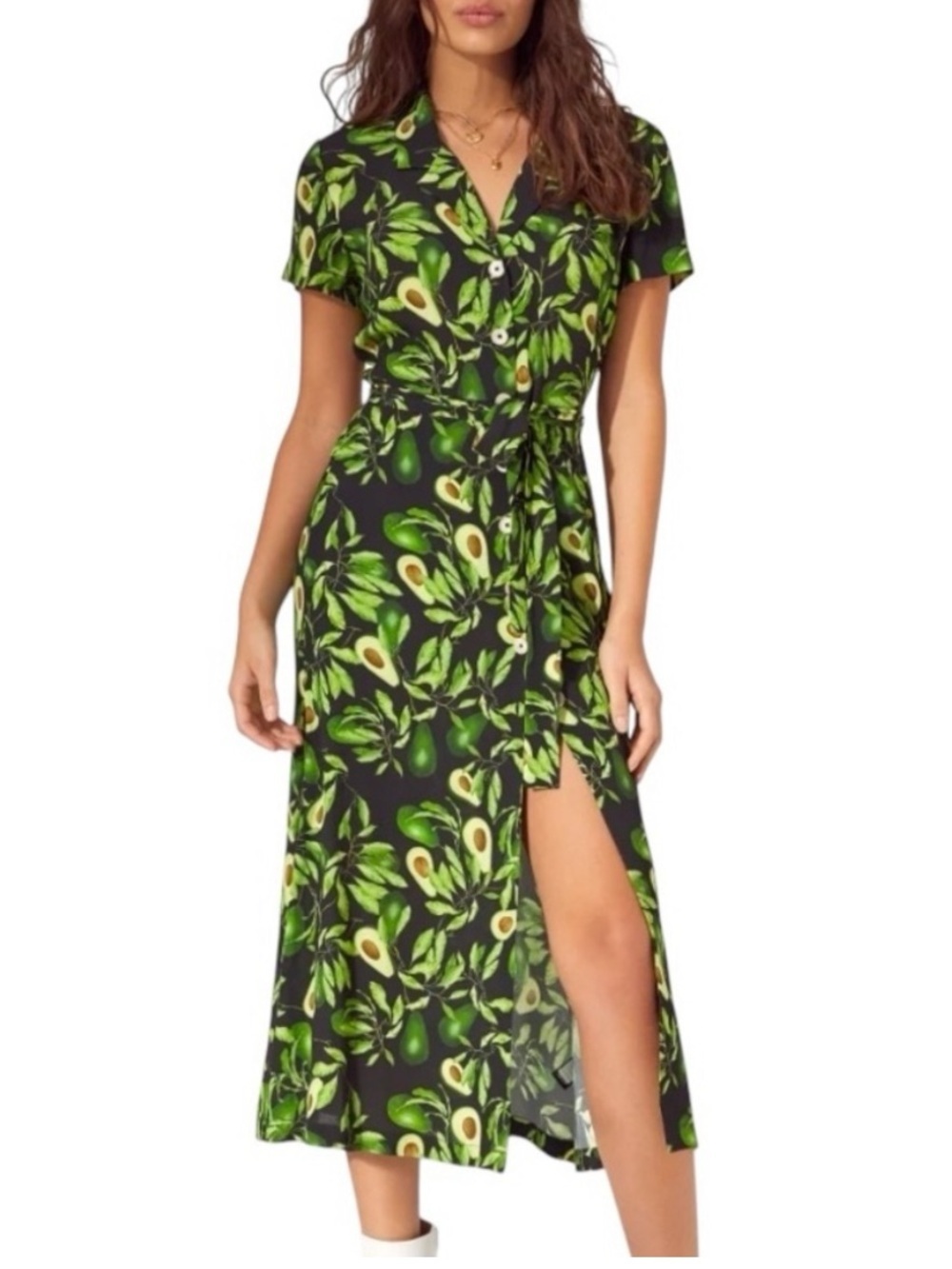Avocado Print Button Front Midi Dress NWT | XXS